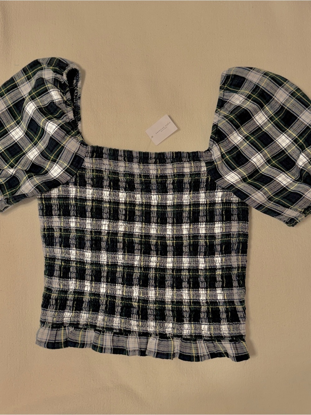 Smocked Plaid Puff-Sleeve Crop Top - Dark Green& White